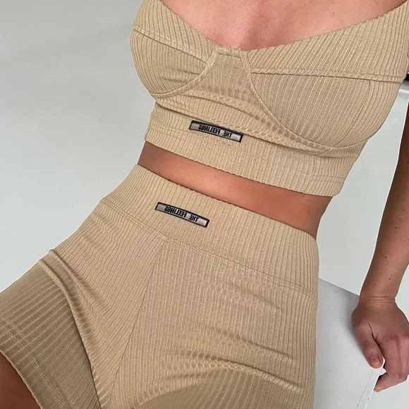 SALE! Beautiful beige knitted cotton outfit set loungewear top shorts XS S M - Picture 2 of 14